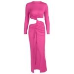 Wrinkled round neck high slit slim fit long sleeved dress